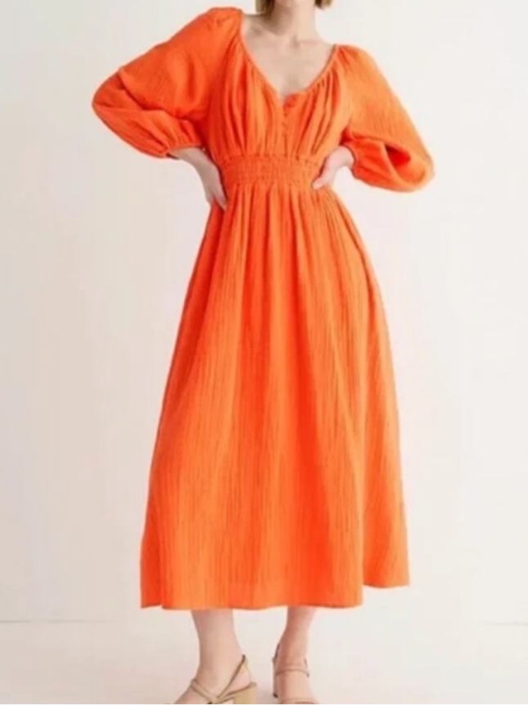 J Crew V Neck Soft Gauze Puff Sleeves Midi Dress Fire Lily Orange Size S